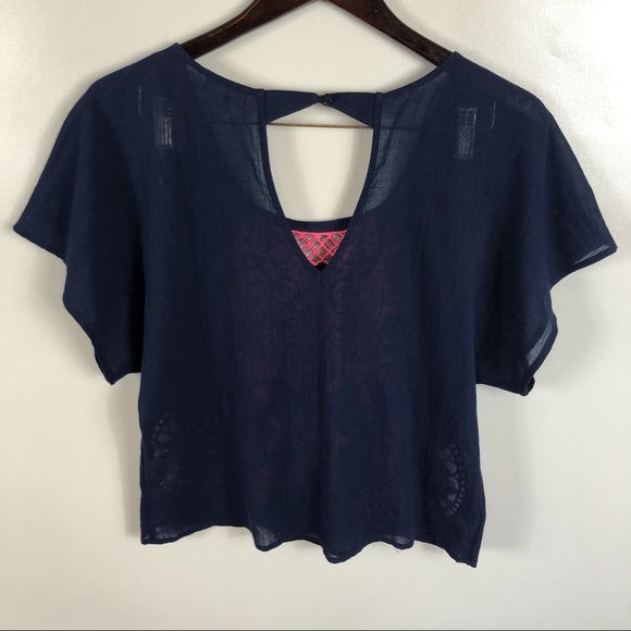 Eyelash Navy Embroidered BOHO Cropped Top Sz Med - Picture 5 of 7